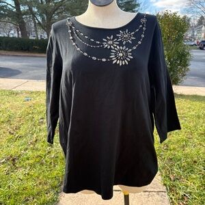 Quacker Factory Black Rhinestone Accent 3/4 Sleeve Top Women’s Plus Size 2X NWT